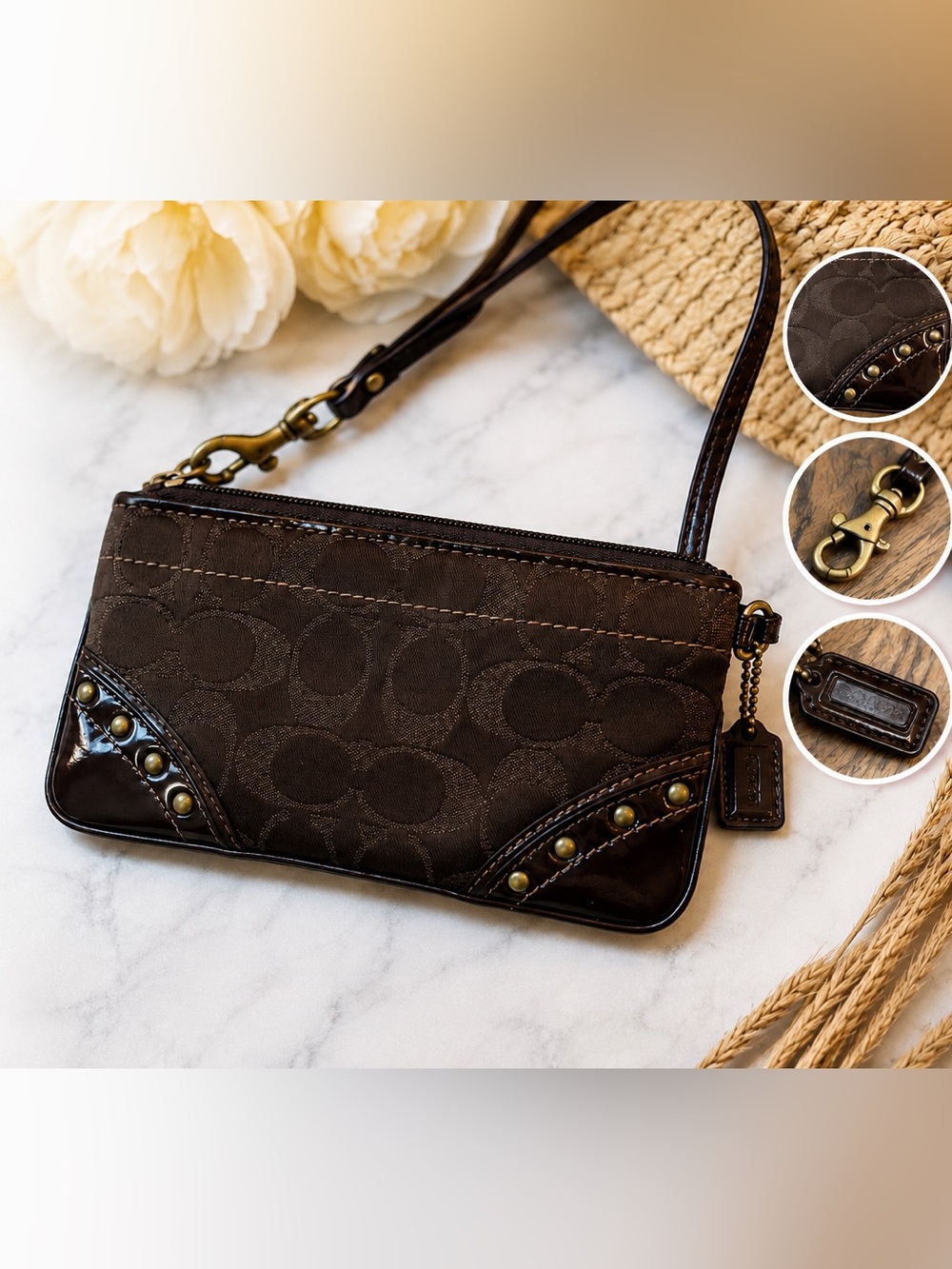 Coach Signature Wristlet Brown Jacquard & Studded Patent Trim